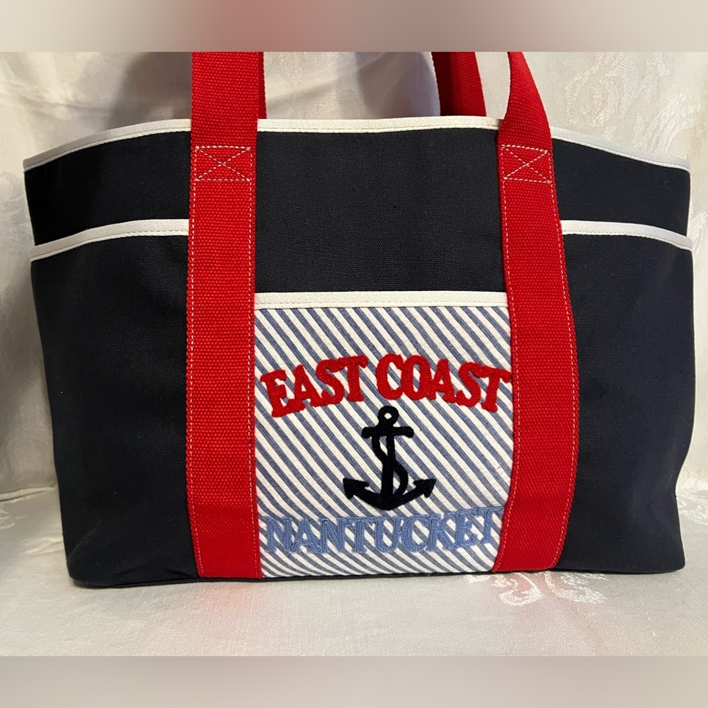 Talbots “East Coast Nantucket” nautical navy and red canvas tote bag
